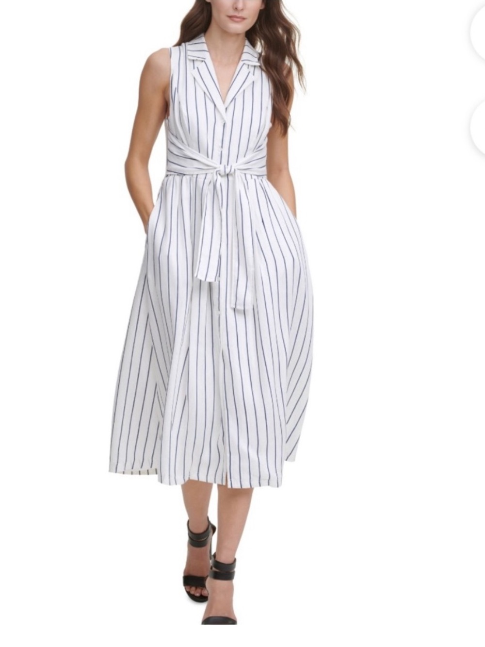 DKNY White Belted Striped Sleeveless Midi Shirt Dress 6